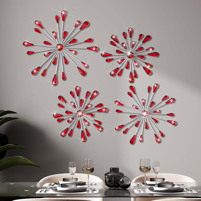 Hicarer 4 Pcs Starburst Wall Decor Bling Wall Art Crystal Teardrop 3D Hanging Rhinestone Radial Metal Artwork Modern Accent Sculptures Decorations for Living Room Home Office Bedroom (Red)