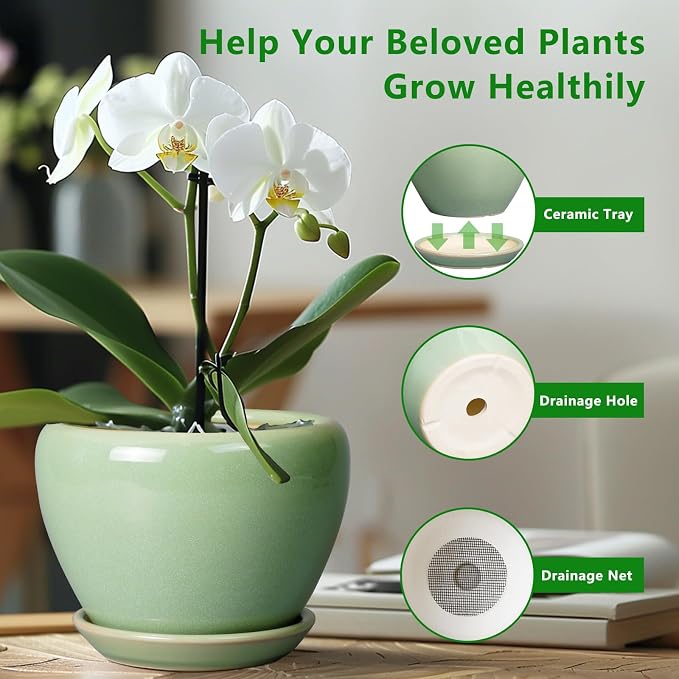 Ceramicfor Ceramic Planter Pot - 10 Inch Plant Pot for Indoor Plants Decorative Planter with Drainage Hole and Saucer Large Pot for Plants Outdoor Round Flower Pot for Garden Green