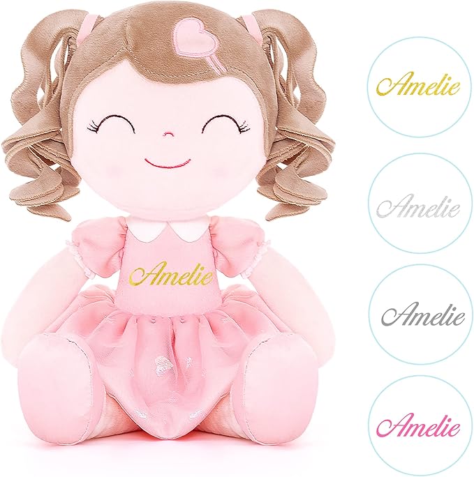 Gloveleya Personalized Baby Doll – Custom Name Plush Girl Doll with Curly Hair & Pink Heart Dress 16", Unique Gift for Birthday, Baby Shower, Christmas & Holiday Keepsake for Toddlers and Little Girls
