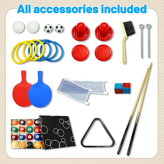 54" Folding Pool Table, 4 in 1 Multi Game Table, Folding Portable Billiards Game Table Set with Ping Pong, Hockey, Pool, and Ringtoss, for Indoor, Game Room, Office