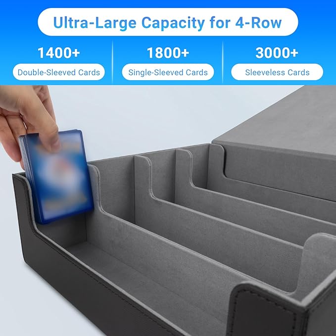 3000+ Collectible Trading Card Cases, 4 Rows Deck Case with 24 Pcs Dividers & 4 Supporters, PU Leather Fits MTG, Game & Sport Cards (Black & Grey)