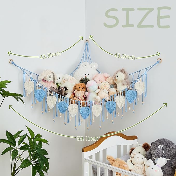 Pretty Jolly Macrame Stuffed Animal Hammock with Beads Hand Woven Leaf Tassels Corner Hanging Net Boho Plush Holder for Toys Kid Room Nursery Decor Easy Install Organizer for Girls Gift(Light Blue)