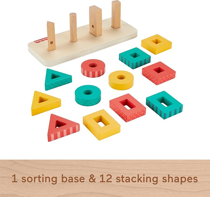 Fisher-Price Wood Toddler Toy Shape Stacker, 13-Piece Wooden Sorting Activity for Fine Motor Play Preschool Kids Ages 2+ Years