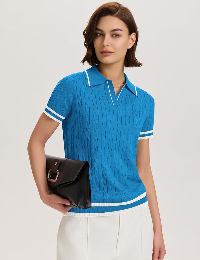 Micoson Womens Short Sleeve Sweater Tops Lapel V Neck Polo Shirts 2026 | Summer Cable Knit Loose Blouses, Business Casual Outfits