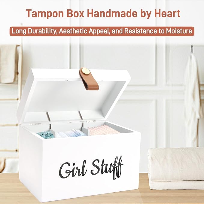 Wooden Girl Stuff Tampon Holder Box with Lid and Copper Leather Pull, Modern Bathroom Decorative Box for Feminine Product Storage and Accessories such as Tampons, Cotton Balls, Wipes, Gifts for Women