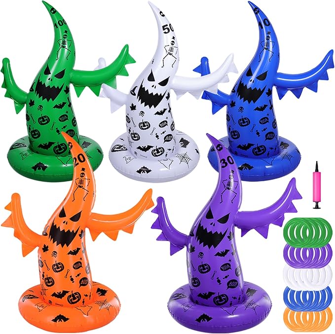 Halloween Ring Toss Game Set, 5 Pack Inflatable Ghost Witch Hat Ring Toss Fun Halloween Games for Kids Trunk or Treat Party Games Carnival Activities Indoor Outdoor Halloween Party Supplies