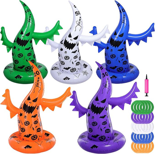 Halloween Ring Toss Game Set, 5 Pack Inflatable Ghost Witch Hat Ring Toss Fun Halloween Games for Kids Trunk or Treat Party Games Carnival Activities Indoor Outdoor Halloween Party Supplies