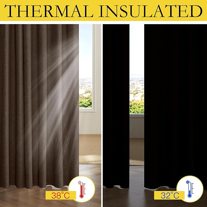 NICETOWN Brown Vintage Linen 100% Blackout Curtains for Living Room, W52 x L90 in, Set of 2, Thermal Insulated Curtains with Light Blocking Liner, Noise Reducing Window Treatments for Home Cinema