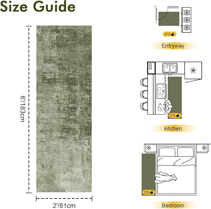 2x6 Ft Washable Runner Rug, Non-Slip Low Pile Hallway Kitchen Area Rug, Soft Long Entryway Floor Mat Abstract Pattern Carpet for Bedside & High-Traffic Areas (Green)