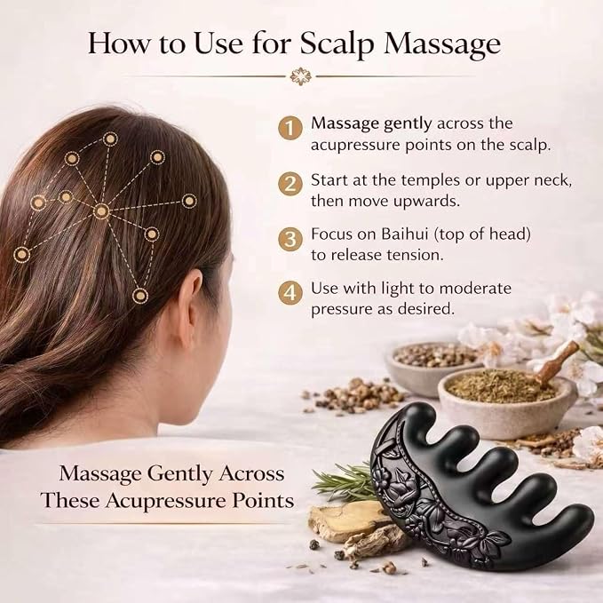 Herbal Powder Comb – Botanical Infused Scalp Massager Comb, Natural Head Massage Tool for Hair & Scalp Care, Wooden Comb Alternative, Acupressure-Inspired Design (Black)