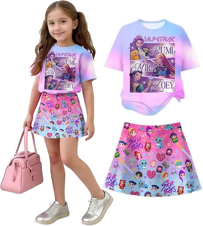HTHLVMD K Pop Short Sleeve T-Shirt and Skirts Outfits Set for Girls Hunters Rumi Mira Zoey Graphic Tees De-Mon Costume