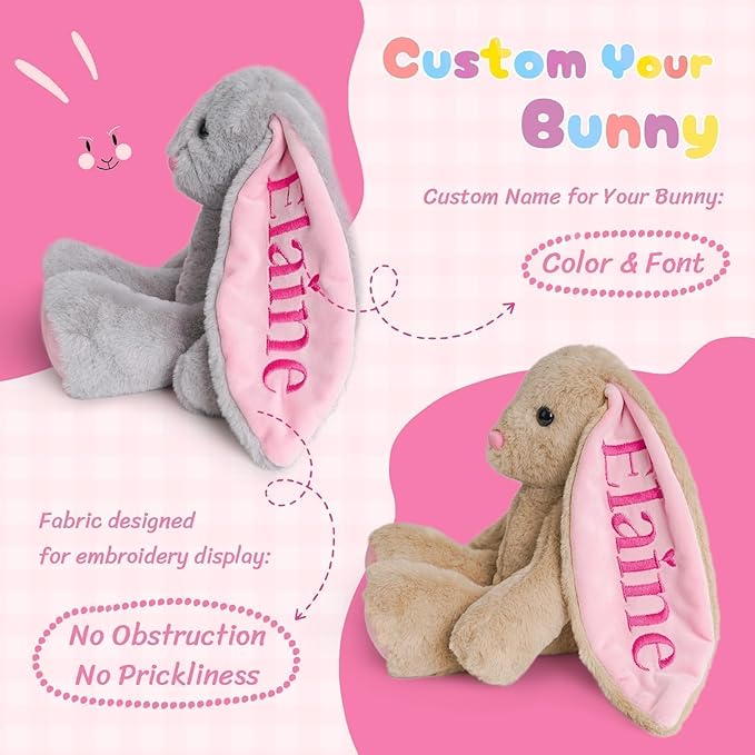 Custom Plush Bunny Toys with Child's Name, Embroidered Cute Bunny Stuffed Animals for Baby Toddlers 1-3 Years Old, Personalized Birthday Gift for Baby Girls Boys (Pink)