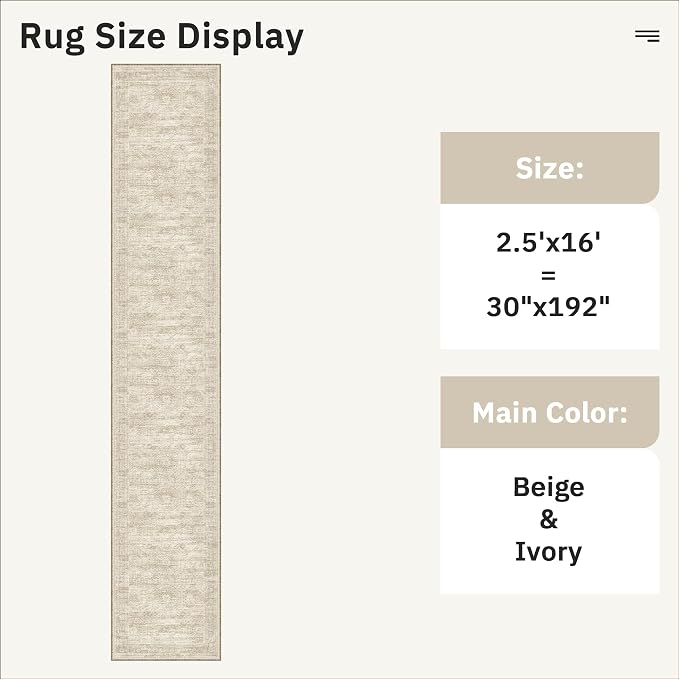 Soalmost Hallway Runner Rug 2'6" x 16' Washable Long Kitchen Rugs Beige | Non-Slip Vintage Runners 2.5x16ft for Bathroom Entryway, Thin Low-Pile Foldable Floor Carpet Mat 16 ft for Corridor Bedroom