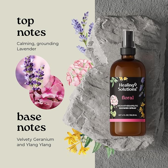 Healing Solutions Aromatherapy Shower Spray, Floral Blend, 4oz, Therapeutic Grade Essential Oils, Made in the USA, At Home Spa Experience (4oz, Floral)