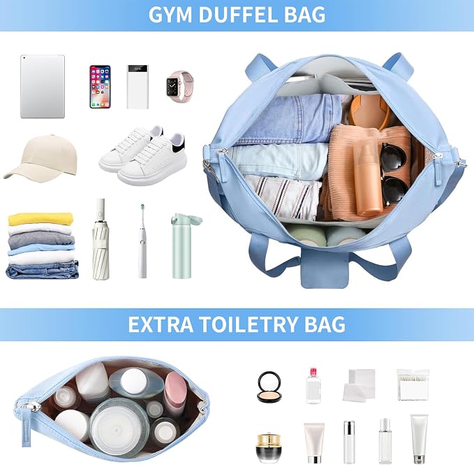 Gym Bag for Women, 45L Carry On Travel Duffel Bag with Shoes Compartment, Weekender Overnight Bag with Wet Pocket for Women, Travel, Gym, Weekend, Large Size