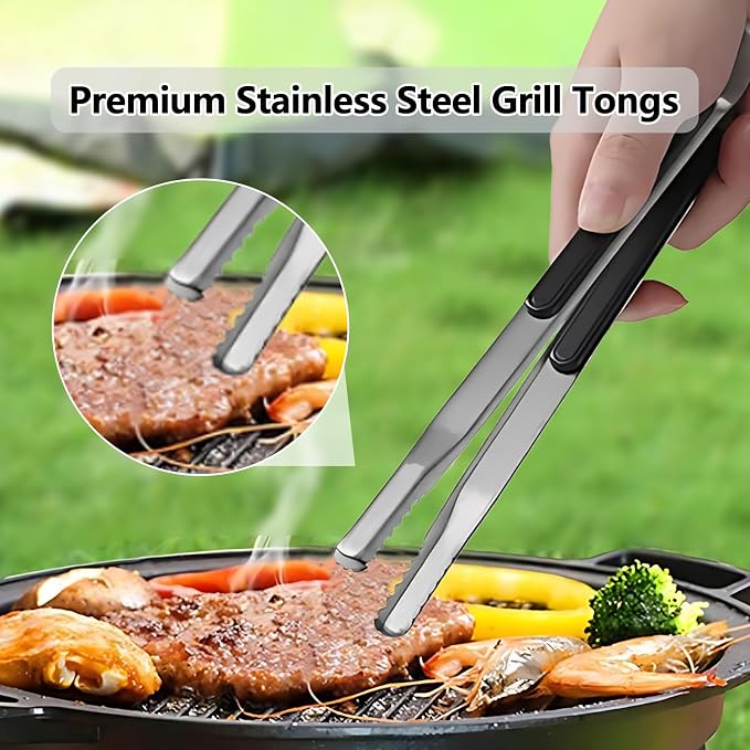 BBQ Tongs Premium Korean Cooking Heat Resistant Metal Kitchen Utensils Set for Frying Grilling Meat Hot Pot and Ice 12 inch Non Slip Grip Tongs for Cooking Essentials