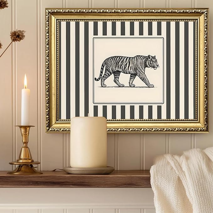 Vintage Tiger Wall Art Wildlife Wall Decor Pictures Black and White Stripe Jungle Animal Poster Canvas Painting Print for Bedroom Living Room Bathroom 8x10 inch Gold Framed