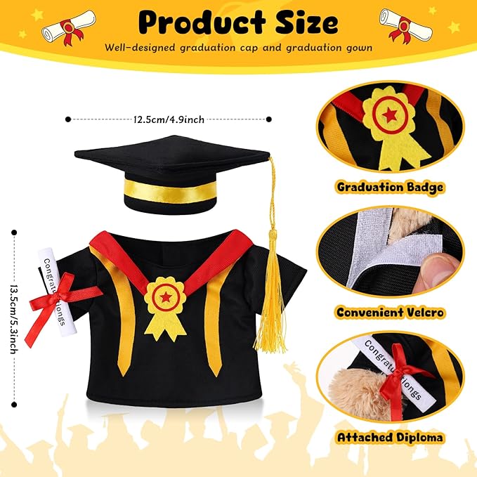 Set of 2 Graduation Teddy Bear Clothes Cap & Gow Outfit Fits Make Your Own Most 8" - 13" Bear Plush Stuffed Animal Outfit Pet Dog Doll Cap and Gown Build a Bear Clothes(Graduation F, Fit 8"-13")
