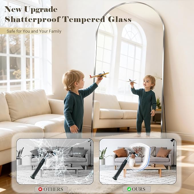 Mirror Full Length, 28"x71" Large Arched Floor Full Length Mirror with Stand, Room Decor Big Full Body Floor Mirror with HD Tempered Glass Aluminum Frame for Bedroom Living Room, Silver