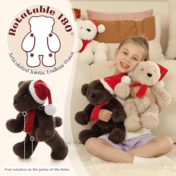 MorisMos Teddy Bear Stuffed Animal, 14'' Christmas Teddy Bear 2025 with Santa Hat & Scarf, 180° Joints Posed Plush Toy, Soft Stuffed Christmas Toys for Kid Girl Boy Max Decoration Birthday Gift, Brown