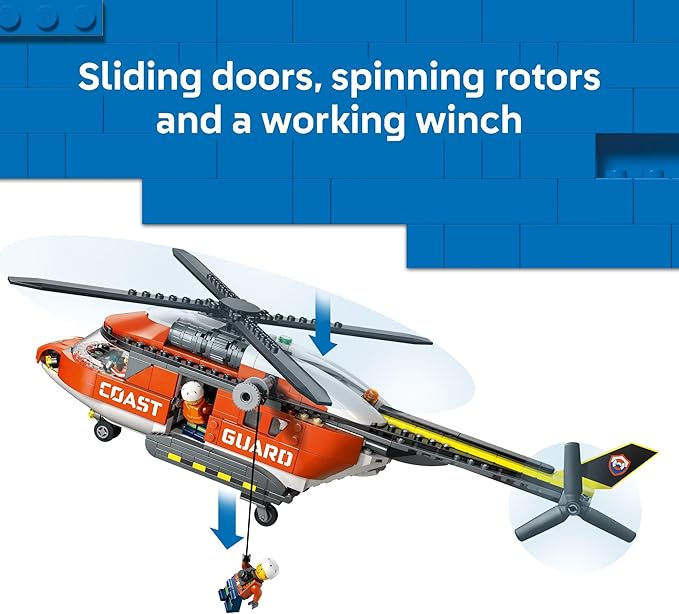LEGO City Coast Guard Helicopter Building Toy for Kids - Pretend Play Emergency Response Set for Boys & Girls, Ages 7+ - Includes 4 Minifigures, Shark, & Rescue Pod - Gift Idea for Birthdays - 60503