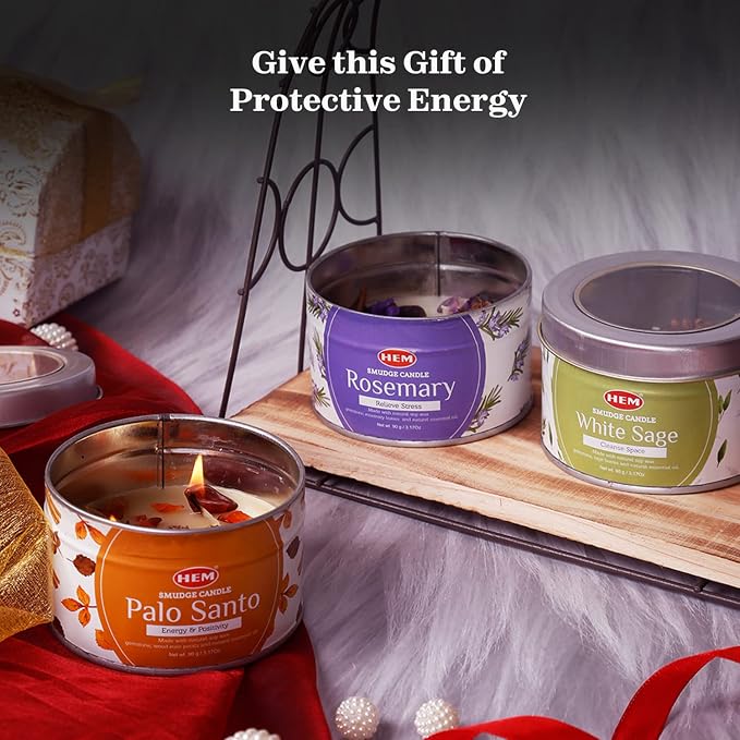 HEM Crystal Candle Gift Set – 3 Natural Soy Wax Candles (9.5 oz) | White Sage, Palo Santo & Rosemary Scents | 65-Hour Burn | Aromatherapy Candles for Cleansing, Meditation & Gifting.
