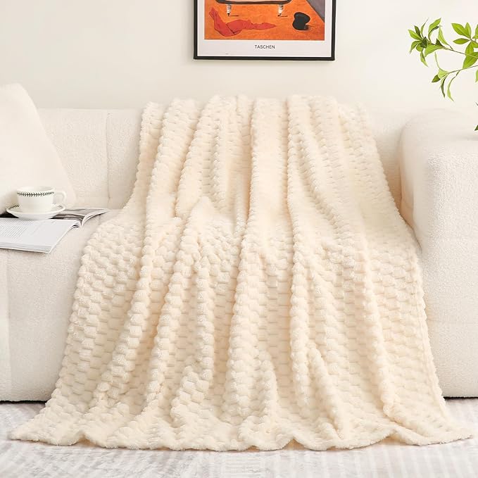 Puncuntex Cream White Throw Blanket 108"×90" Fuzzy 3D Jacquard Decorative | Flannel Fleece Super Soft Plush Cozy Blanket for Couch Sofa Chair Lightweight