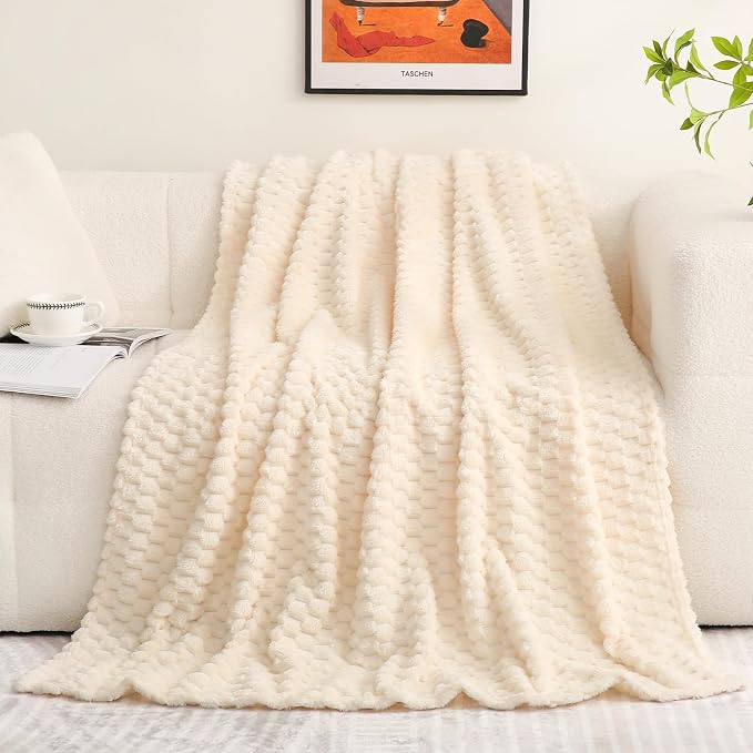 Cream White Throw Blanket 50"×60" inches Fuzzy 3D Jacquard Decorative | Flannel Fleece Super Soft Plush Cozy Blanket for Couch Sofa Chair Lightweight