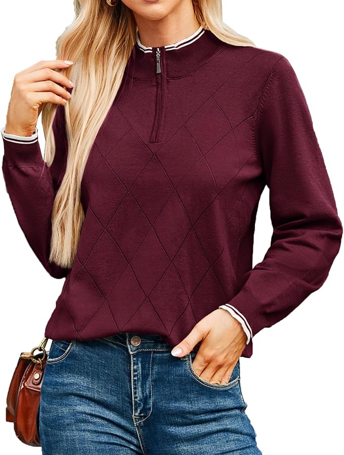 JACK SMITH Quarter Zip Pullover Sweaters for Womens, Rib Polo Sweater Tops | V Neck,Knit,Long Sleeve,Argyle,Open Pattern,Callar,Lightweight,Fashion,Golf Work Business Daily Wear Versatile Pullover Shirt