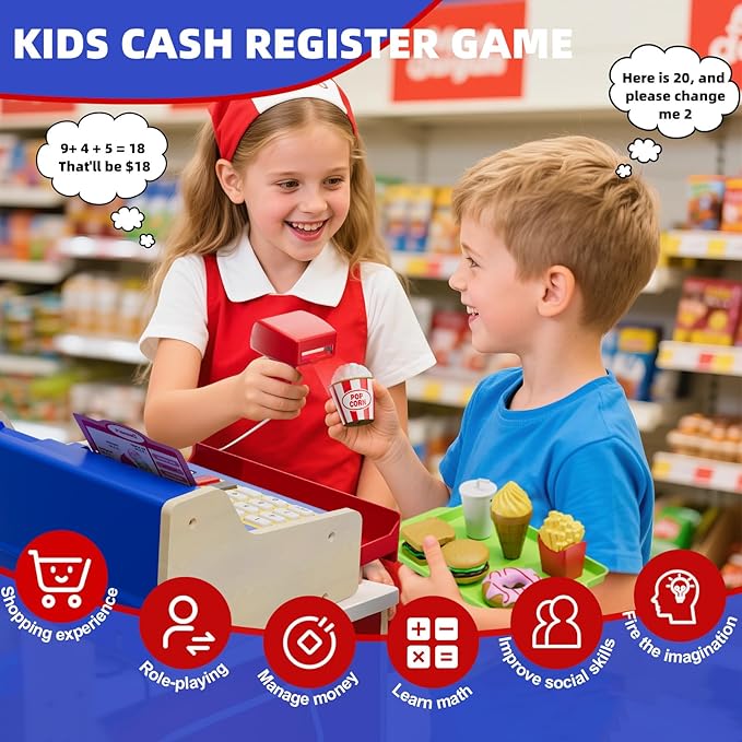 HYES Rechargeable Wooden Cash Register for Kids, Toy Cash Register with Play Money, Toy Food, Pretend Play Supermarket & Fast Food Restaurant, Toddler Learning Toys for Boy & Girl Age 3-5, Blue