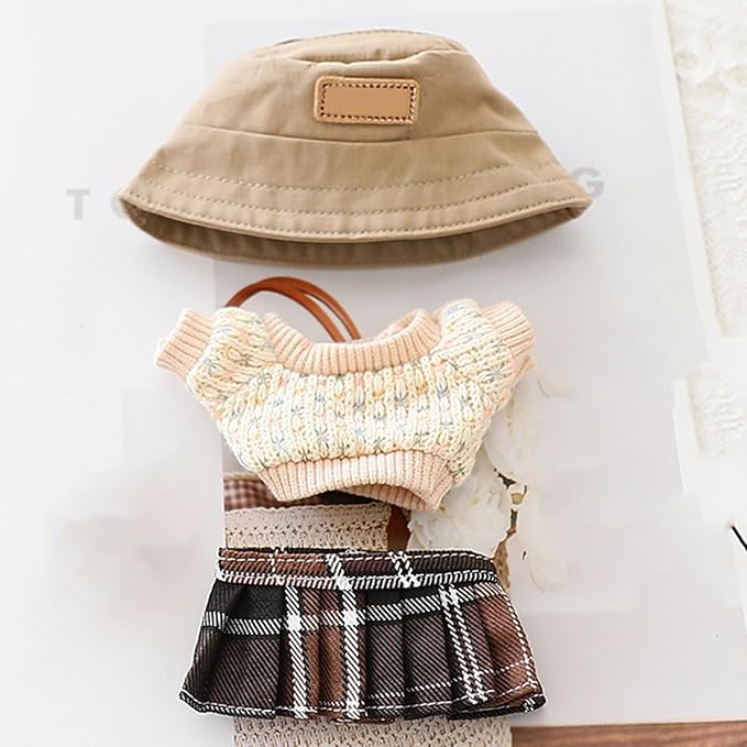 Clothes for 17cm Dolls Sweater Clothes Accessories(No Doll Only Clothes), Stylish Outfit Suitable for 6.69inch (17cm) Doll Soft Clothing Replacement(BrownA+hat+Dress)