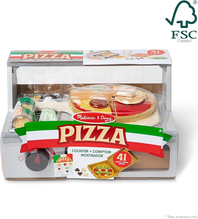 Melissa & Doug Top & Bake Wooden Pizza Counter Play Set with Play Food (41 Pcs) Preschool Toy Pizza, Wooden Food Set, Pretend Sets For Kids Ages 3+ - FSC-Certified - FSC Certified