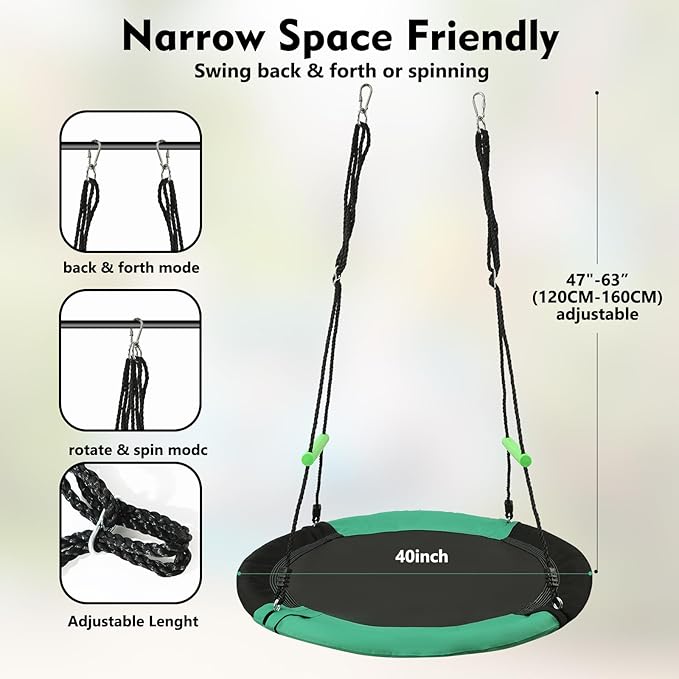 YSEJOMP 3.3FT Round Tree/Saucer Swing with Handles -Made of Sturdy Frame,PP Mat,Adjustable Multi-Strand Ropes,Safe and Durable for Yard Garden Playground Park (Black and Dark Green, 40 inches)