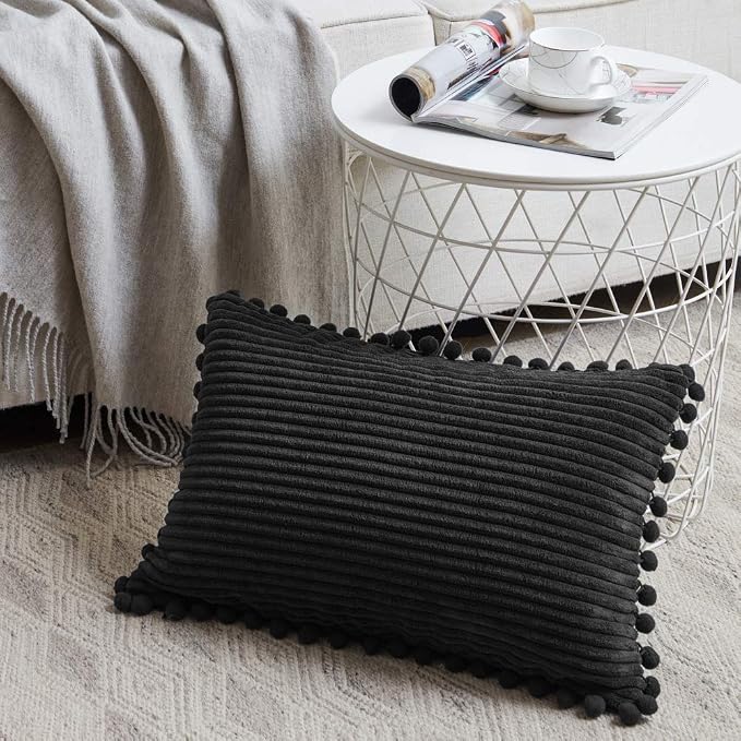 Fancy Homi Pack of 2 Black Lumbar Decorative Throw Pillow Covers with Pom-poms, Soft Corduroy Solid Rectangle Cushion Cases Set for Couch Sofa Bedroom Car Living Room (12x20 Inch/30x50 cm, Black)
