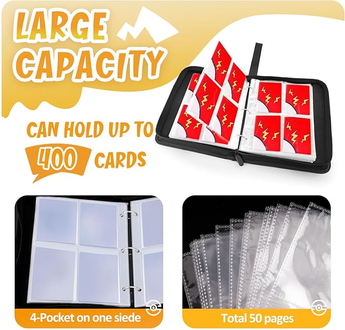 GOROMA Card Binder 4-Pockets, 400 Pockets Card Holder with 50 Removable Sleeves, Trading Card Collector Zipper Album Holder, Red