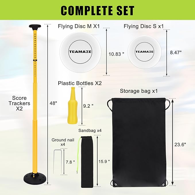 Flying Disc Game Set with Height-Adjustable Poles & Score Tracker, Outdoor Bottle Toss Game for Beach, Lawn, Camping, Polish Horseshoes Set for Family & Friends Party Games