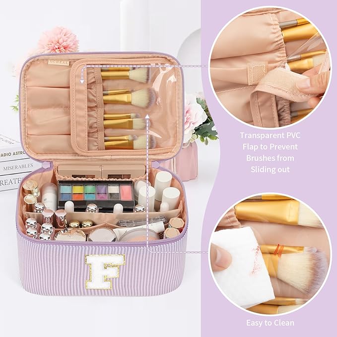 OCHEAL Makeup Bag Valentines Day Gifts for Women, Monogram Cosmetic Bag Purple Travel Makeup Case Beauty Toiletry Bag Organizer Personalized Gifts for Girls Bridesmaid, Sister, Wife, Friends Initial F