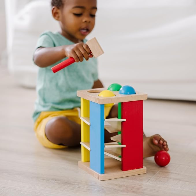 Melissa & Doug Deluxe Pound and Roll Wooden Tower Toy with Hammer, White