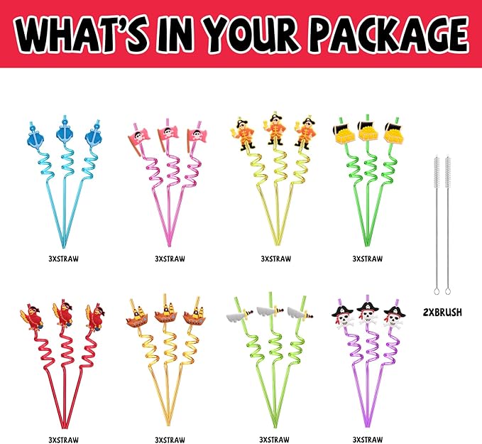 24 Pirate Party Favors Reusable Plastic Straws for Pirate Themed Birthday Party Supplies Decorations with 2 Cleaning Brushes