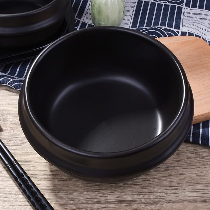 Korean Stone Bowl with Tray - Premium Ceramic Stone Hot Pot for Bibimbap Soup, Stews, and Rice - 37.1 oz Capacity - Dishwasher, Microwave, Oven, and Stovetop Safe