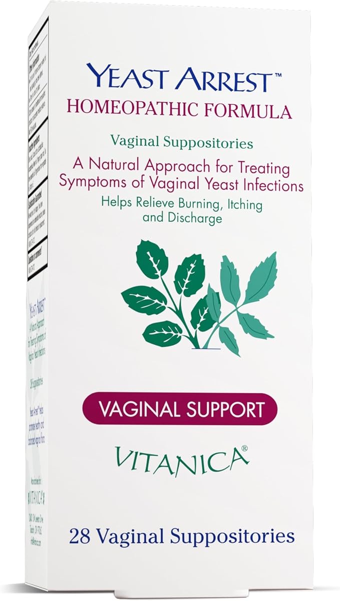 Vitanica Yeast Arrest, Homeopathic Vaginal Suppositories, for Yeast Infection Symptoms, Relieves Burning, Itching & Discharge, with Boric Acid, Tea Tree Oil & Probiotics, Vegan (Yeast Arrest Pro Logo, 28)