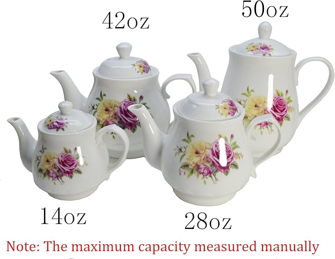 Porcelain Teapot, Ceramic White Teapot With Floral Coffee Tea Water Pot Vintage Ceramic Kettle (28oz)