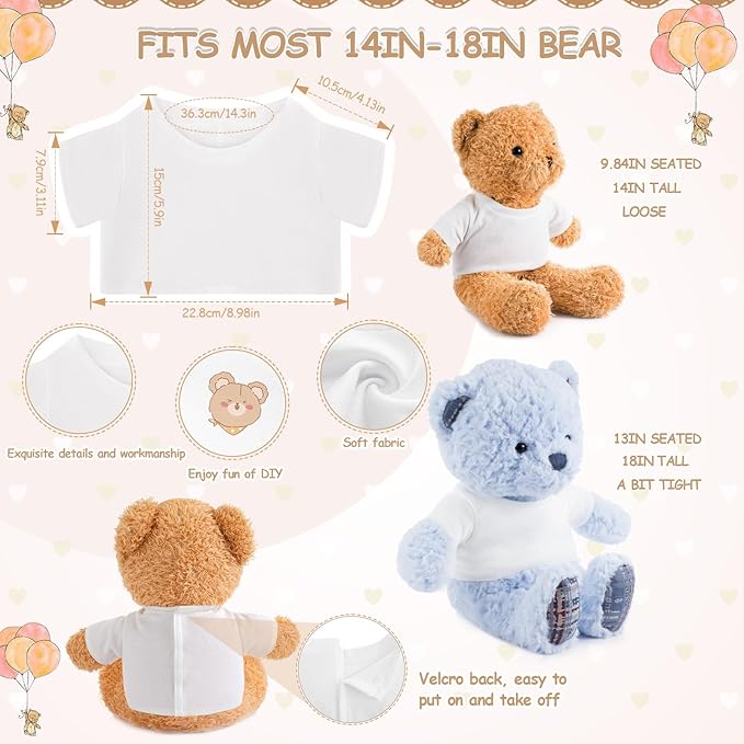 10 Pcs Stuffed Bear Tee Shirt Animal Clothes Basic Sublimation Blank T Shirt Classic Plush T Shirt Easy to Wear Fit 14-18 Inches Dolls (White)