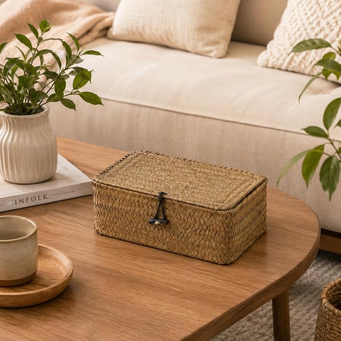 Seagrass Wicker Storage Basket with Lid, Small, Black | 9.05 x 5.11 x 3.34 Inch Box, Shelf Organizer, Rectangular Woven Bin, Small Item Storage, Decorative Color