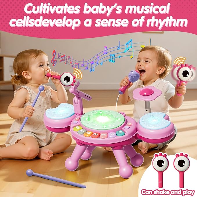Toddler Drum Set for Kids 1-3, Baby Drum Set 1 Year Old with Light-Up Microphone, Musical Instruments Montessori Learning Toys for 6 9 12 18 Months, Birthday Gift for Boys Girls（Pink）