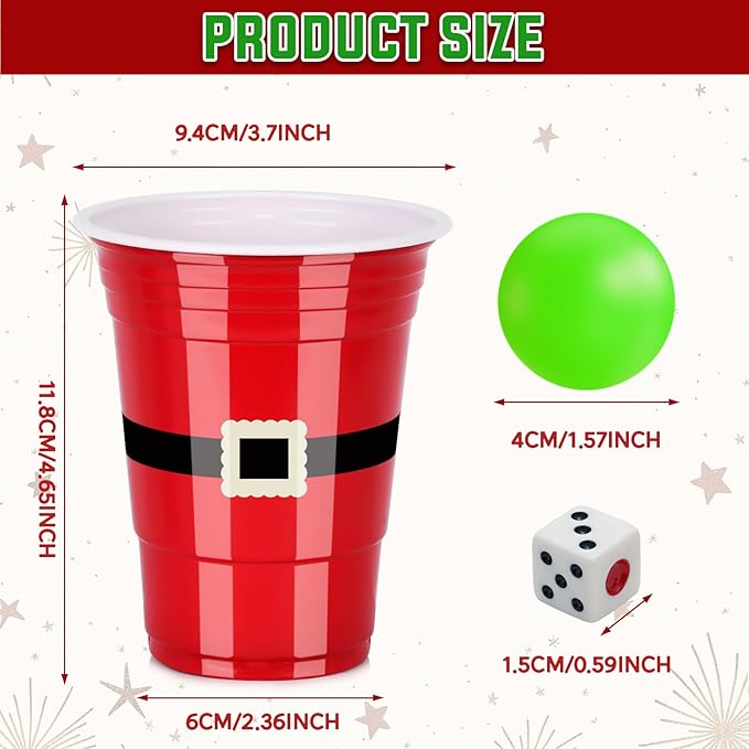 60 PCS Christmas Cup Pong Game Set - 16 Oz Red & Green Plastic Party Cups with 10 Red&Green Balls for Holiday Party Games, Family Gatherings, Christmas Party Supplies