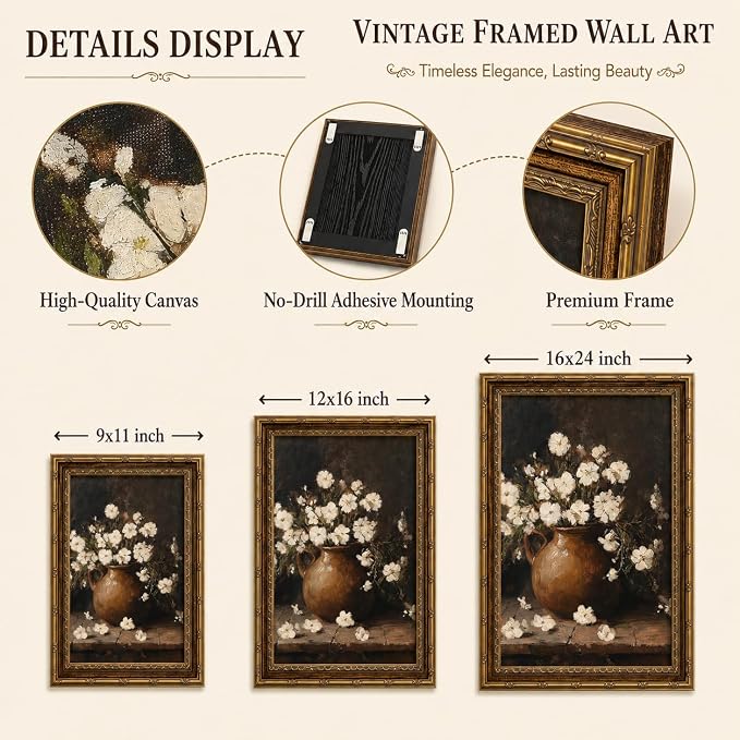 Vintage White Flower Canvas Wall Art,Gold Framed Floral Wall Decor16x12in | Antique White Flower Picture Artwork For Cottagecore Living Room, Bedroom and Entryway and Gallery Wall
