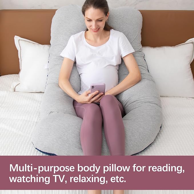 MOON PINE Pregnancy Pillow, U Shaped Full Body Pillow for Maternity Support, Sleeping Pillow with Cover for Pregnant Women (Grey Blue)