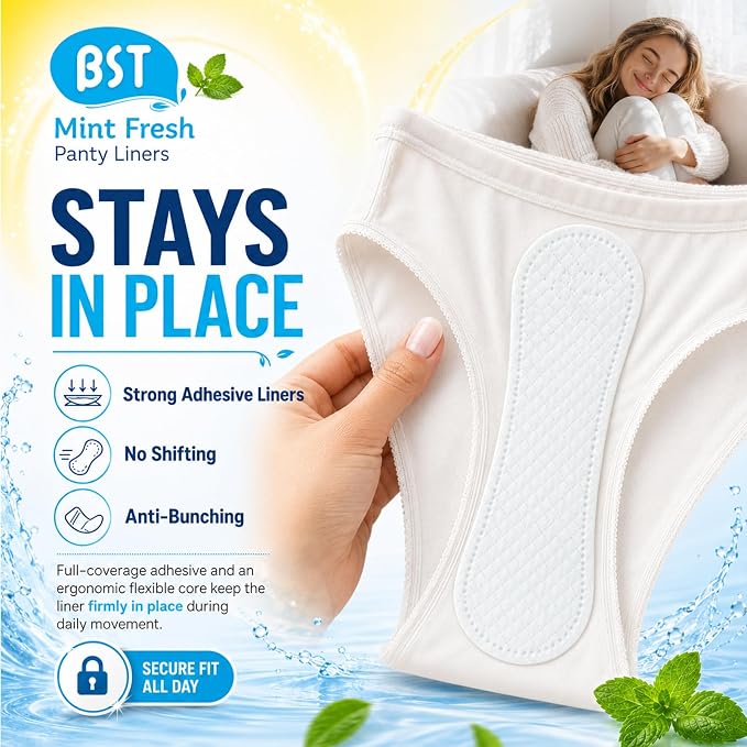 BST Mint Fresh Wingless Panty Liners for Women, Invisible Breathable Ultra Thin Daily Pantiliner, Odor Fighting, Daily Feminine for Light Flow (6.1 Inch 80 Count, Packaging May Vary)