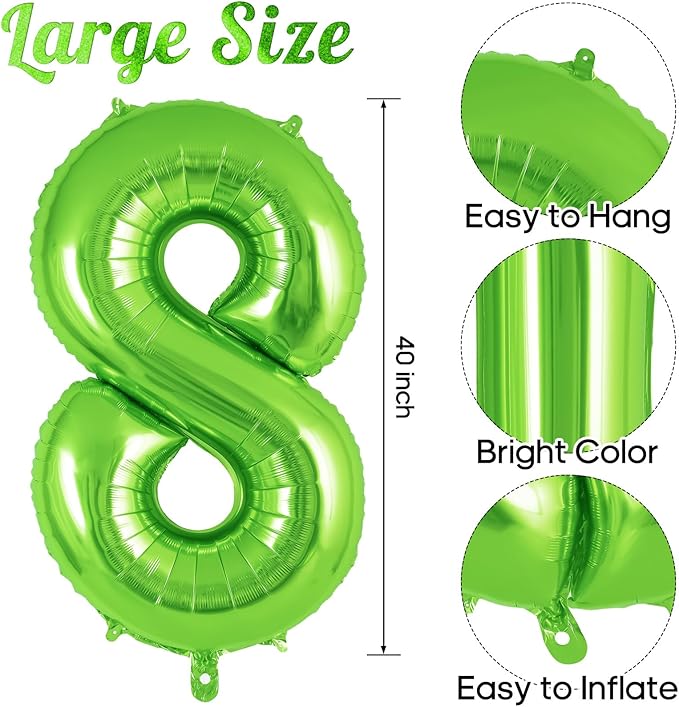 Dinosaur Green Number 8 Balloon, 40 Inch Big Large Foil Helium Green Number Balloon with 4 Pcs Mini Dinosuar, Dinosuar Mylar Balloons Set for 8 Year Old Birthday Party Decorations Supplies